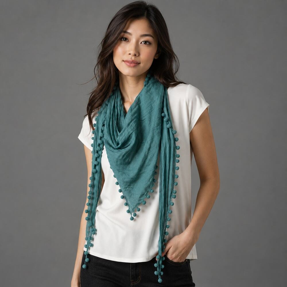 Eileen Fisher Scarf Womens OS Teal Green Crushed Silk Triangular Pom Pom Trim